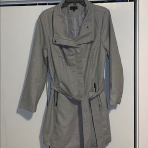 Gray wool blend pea coat with tie belt